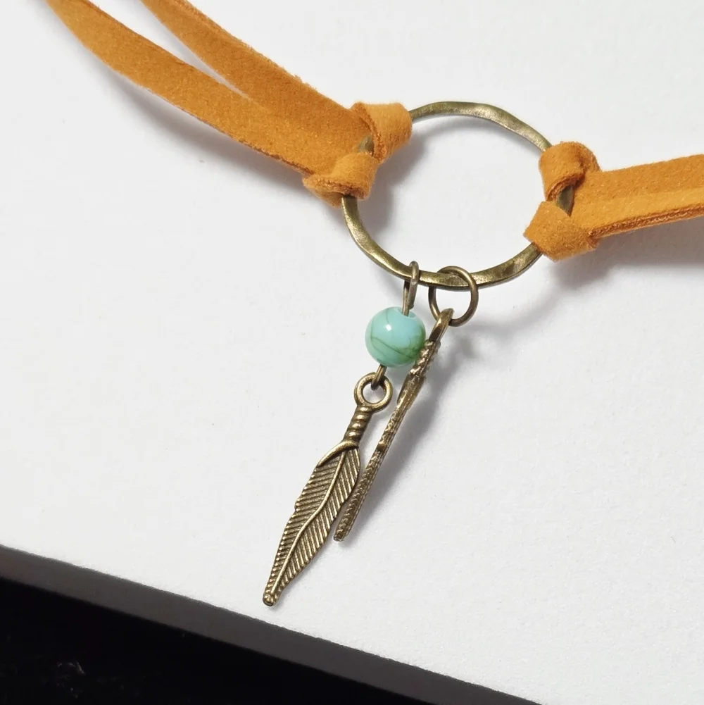 Western Feather Choker Necklace | Brown Suede Turquoise Boho Cowboy Style